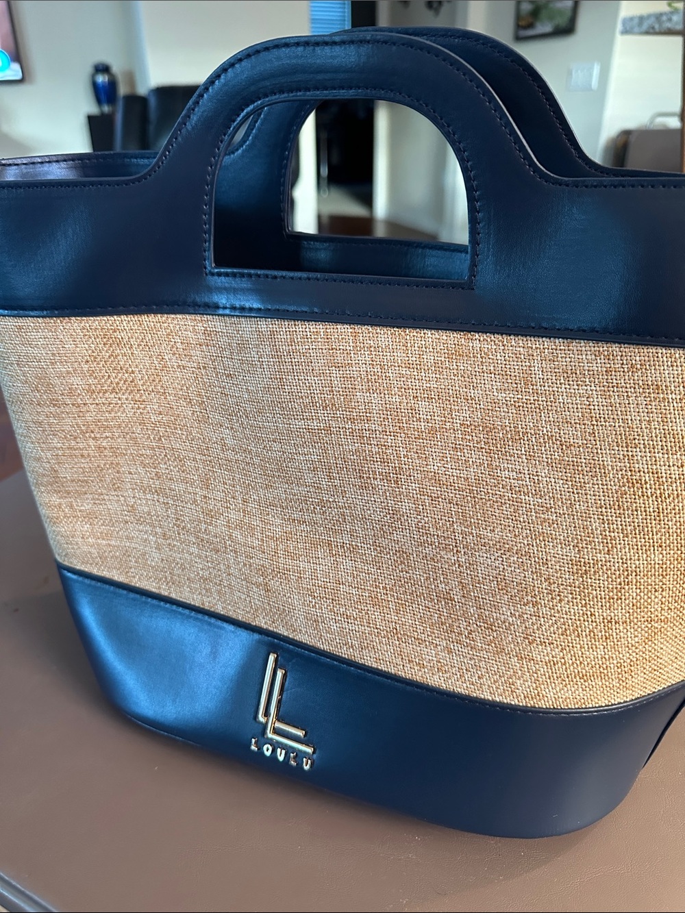 LoeLu Navy Leather & Natural Straw Tote